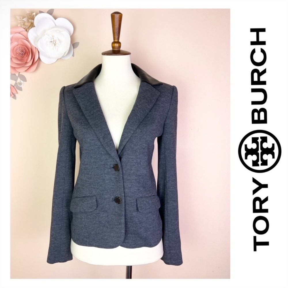 New! TORY BURCH Leather Collar Wool Blend Jacket
